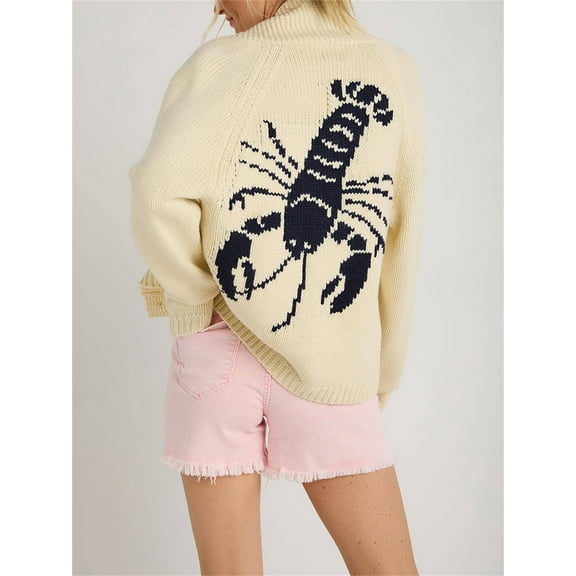 Women's Shawl Collar Cardigan Funny Lobster Graphic Long Sleeve V Neck Sweater Y2K Button Down Warm Jacket Coats