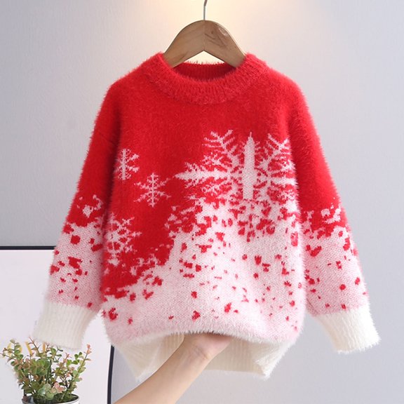 Piuwrlz Winter Knitted Sweaters for Kids Girls Fluff Sweatershirt Thickening Pullover Sweater Red Size 15 Years