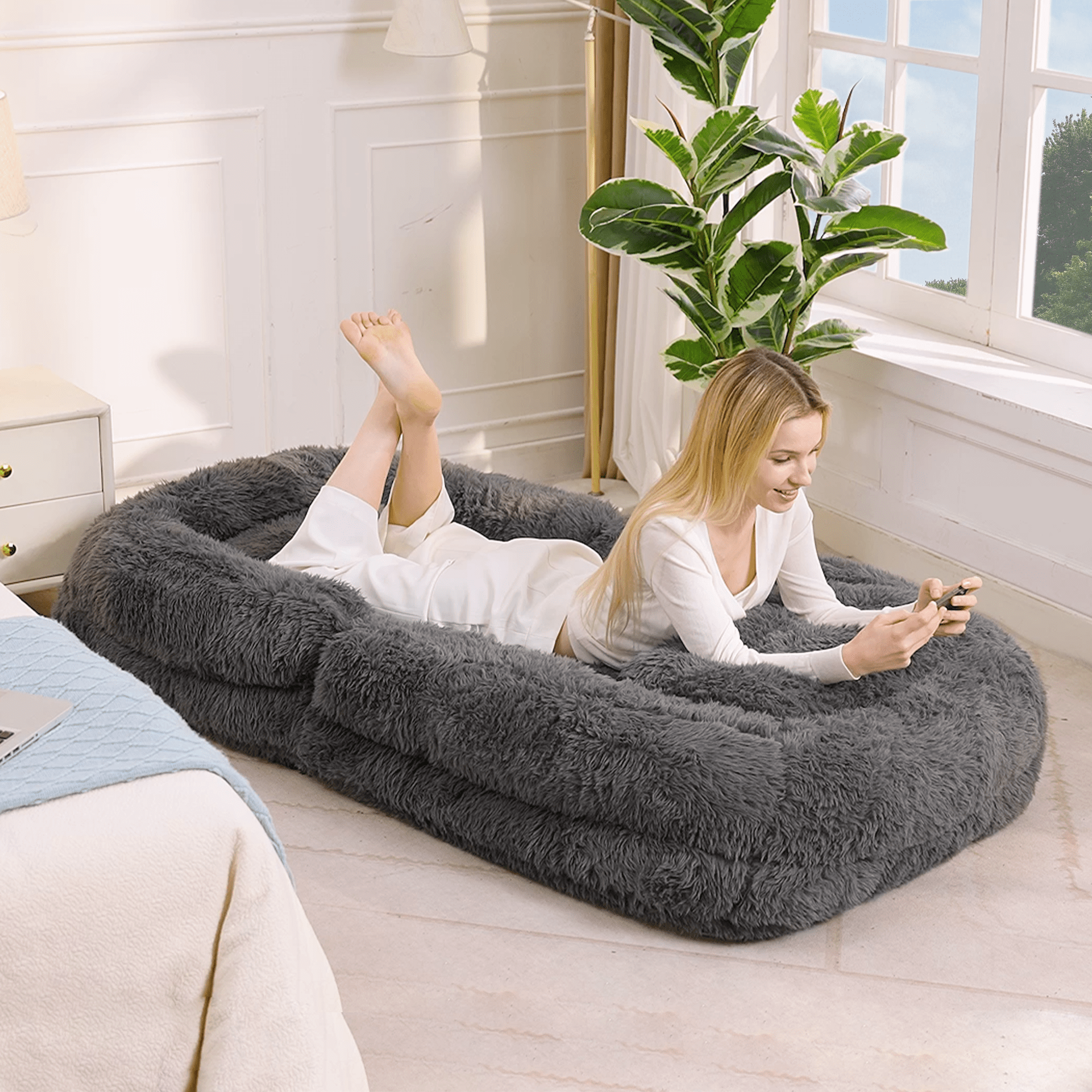 Human Dog Bed,Lazy Sofa,5-Position Adjustable Convertible,Floor Gaming Chair,bedroom, living room,Suitable for gaming, meditation,relaxation,Plush Fabric,Dark Gray