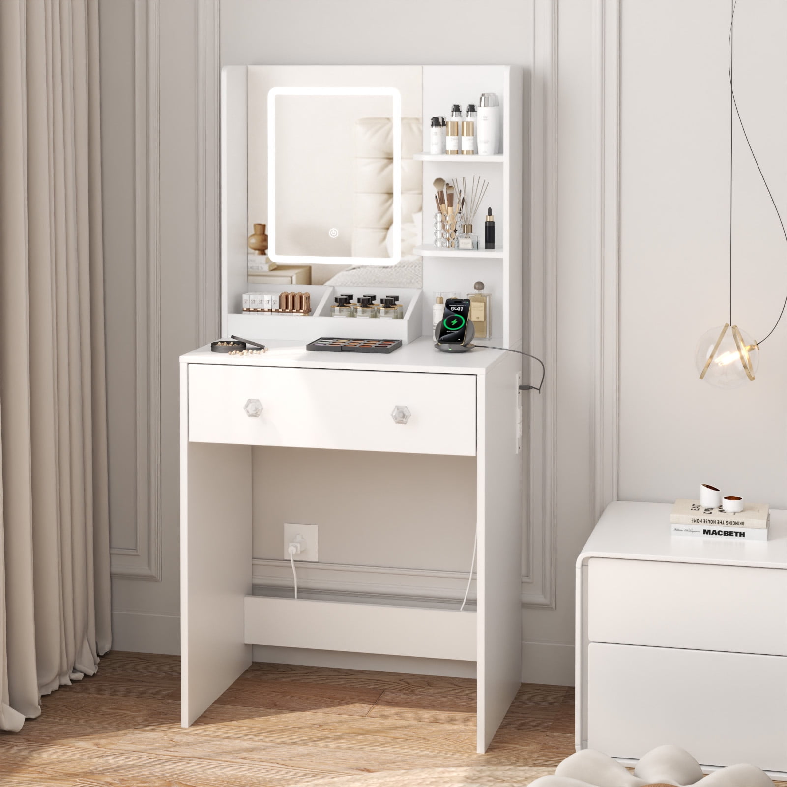 Satifur Vanity Desk with Mirror & Lights, GRWM Vanity with Drawers & Storage Shelves, Makeup Dressing Table with Charging, White