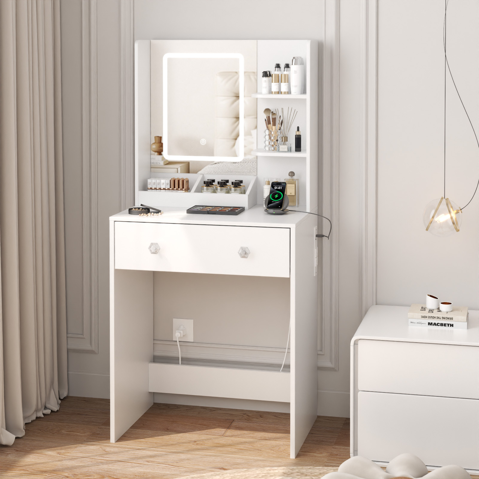 Satifur Vanity Desk with Mirror and Lights, White photo 3