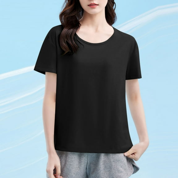 Fglymey Short Sleeve T Shirts for Women Basic Tee Tshirts Plain Casual Summer Tops Black S