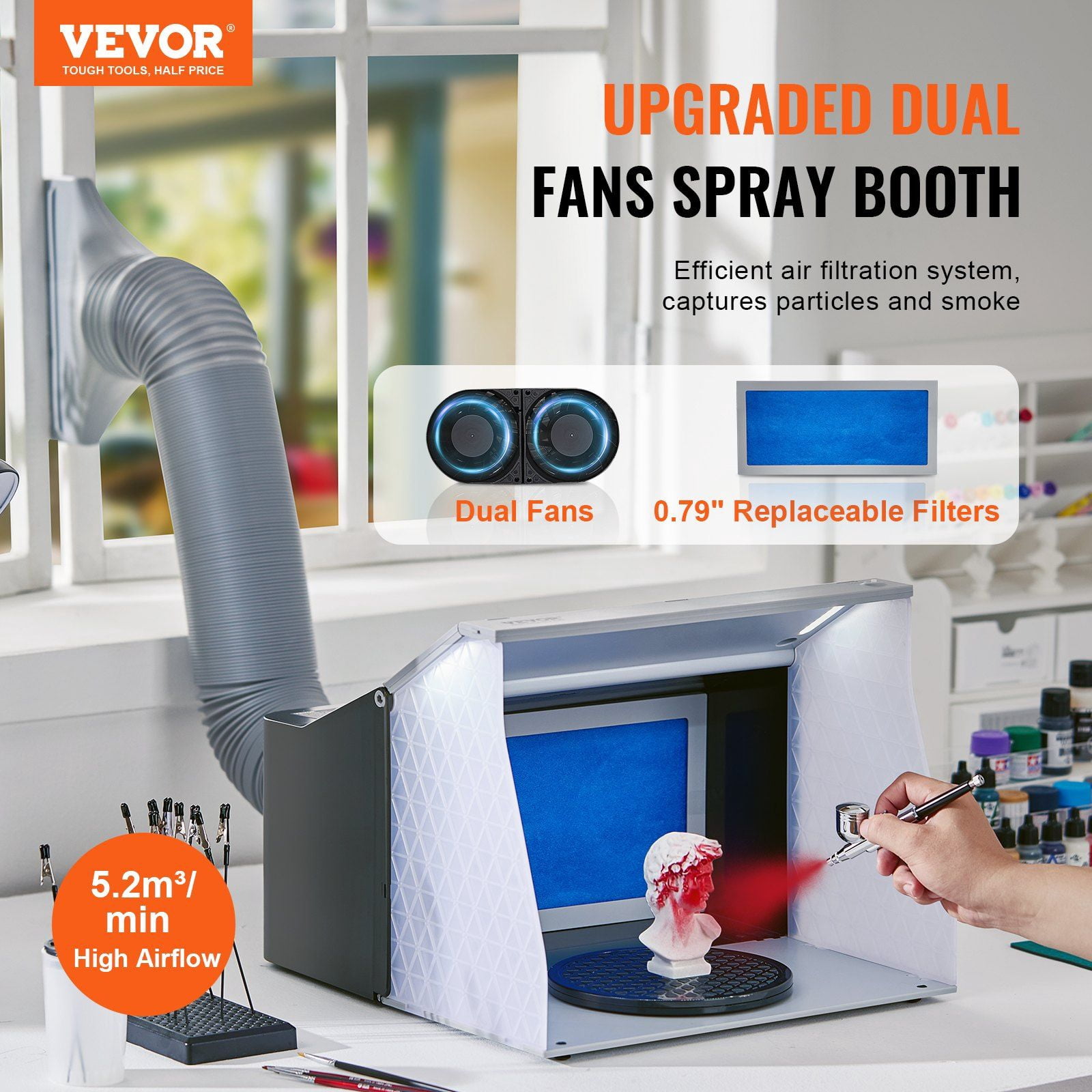 Hobby Airbrush Spray Booth with 4 LED Lights, 2 Exhaust Fans, 6ft Hose & Turntable - Ideal for Art, Cake Decor, Model Painting