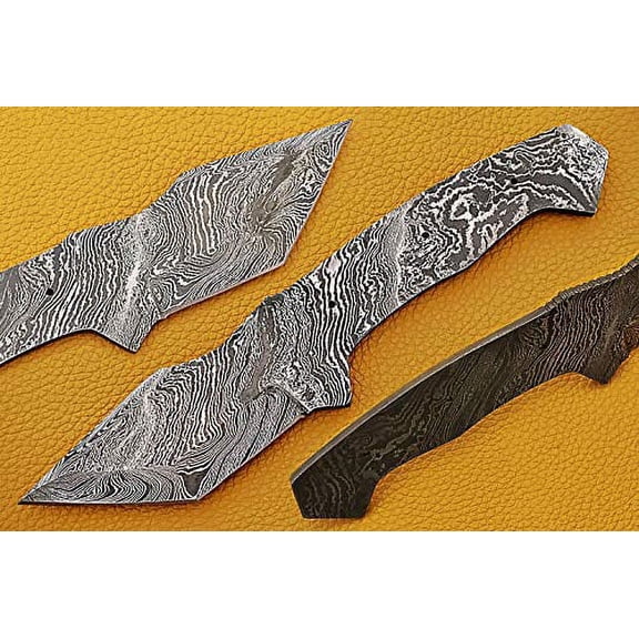 9" Long Damascus Steel Skinning Knife Blank Blade, Can be Used for Straight Back and Trailing Point Skinning, Hand Forged Damascus Steel, 4.5" Scale Space with 3 Pin Hole, 3.5 inches Cutting Edge