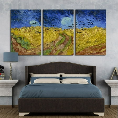 wall26 3 Panel Canvas Wall Art - Wheatfield with Crows by Vincent Van Gogh - Giclee Print Gallery Wrap Modern Home Decor Ready to Hang - 24"x36" x 3 Panels