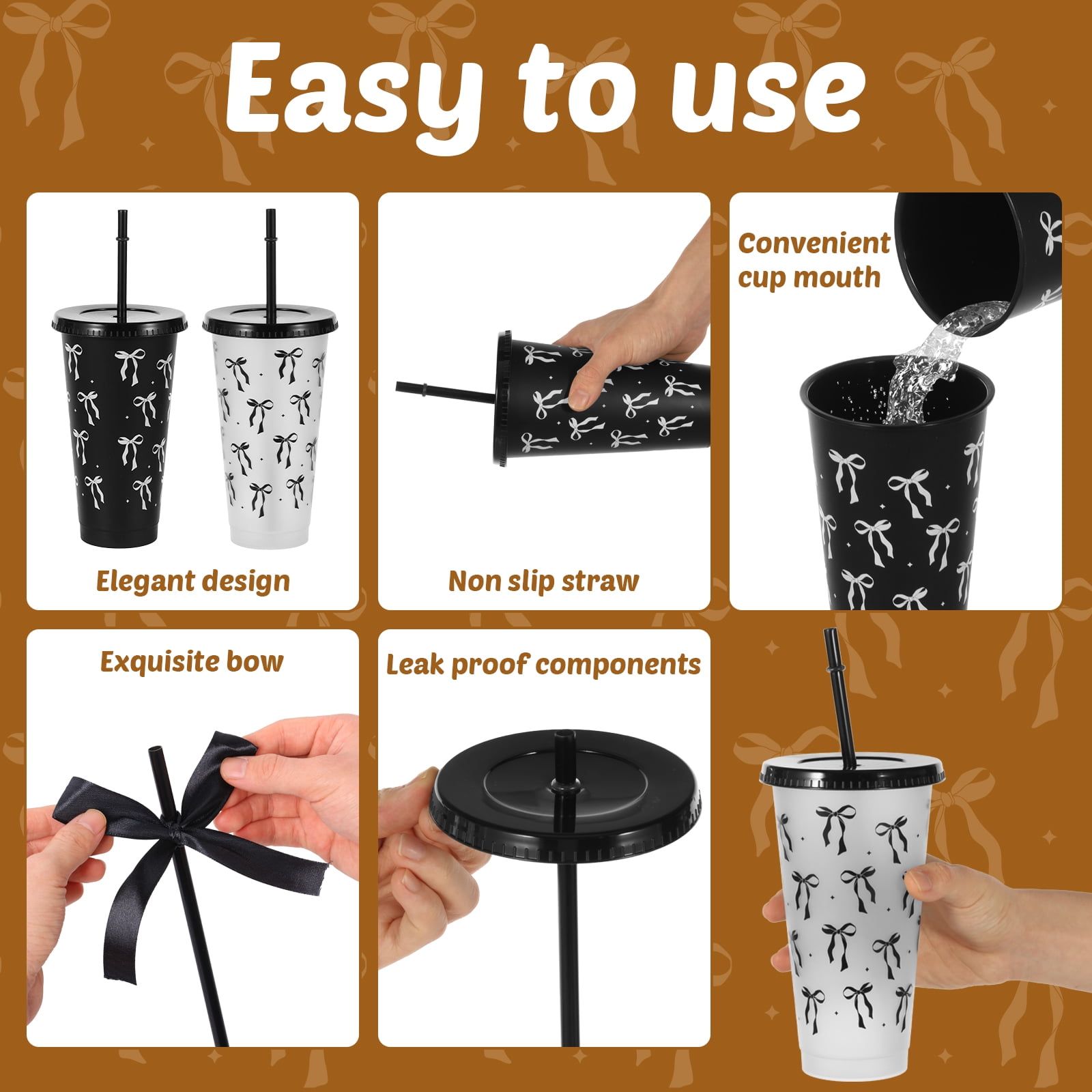24 Pcs 24oz Bow Plastic Cup with Lid Straw and Ribbon Reusable Tumbler for Birthday Wedding Baby Shower Bridal Party Black