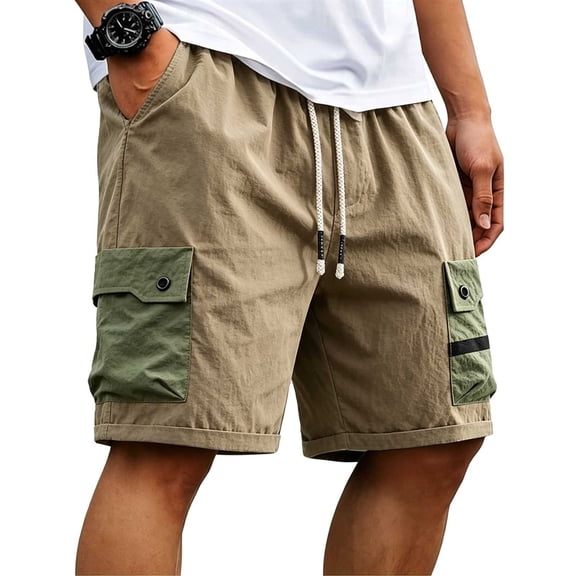 Big Men's 7-Inch Cargo Shorts, Elastic Waist Drawstring Outdoor Fishing Shorts with Multi Flap Pockets, Lightweight Quick Dry Casual Work Shorts for Men Size M-8XL Khaki
