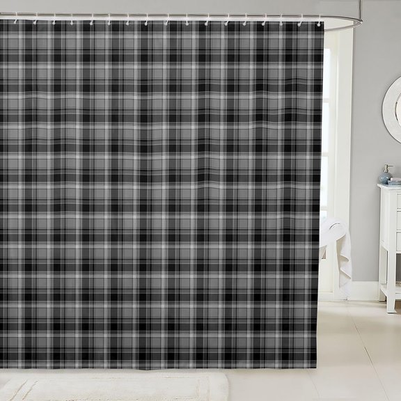Black and White Plaid Shower Curtain Buffalo Check Fabric Bathroom Shower Curtain with Hooks 71x71 inches