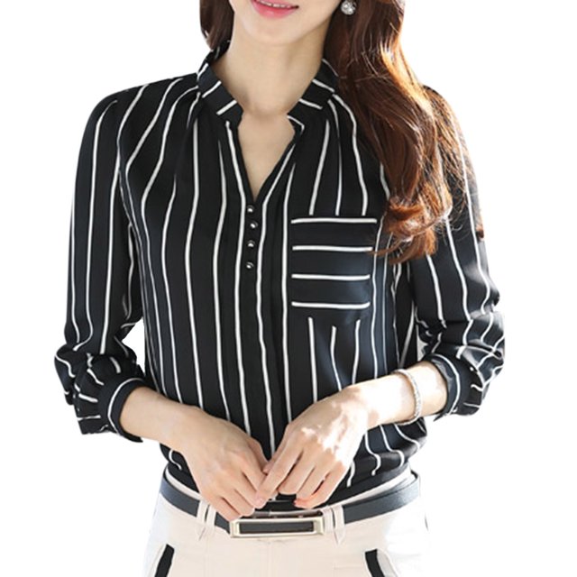 Blusa de mujer de manga larga con cuello en V y bolsillo frontal a rayas blancas y negras Scienceny FS11531-07