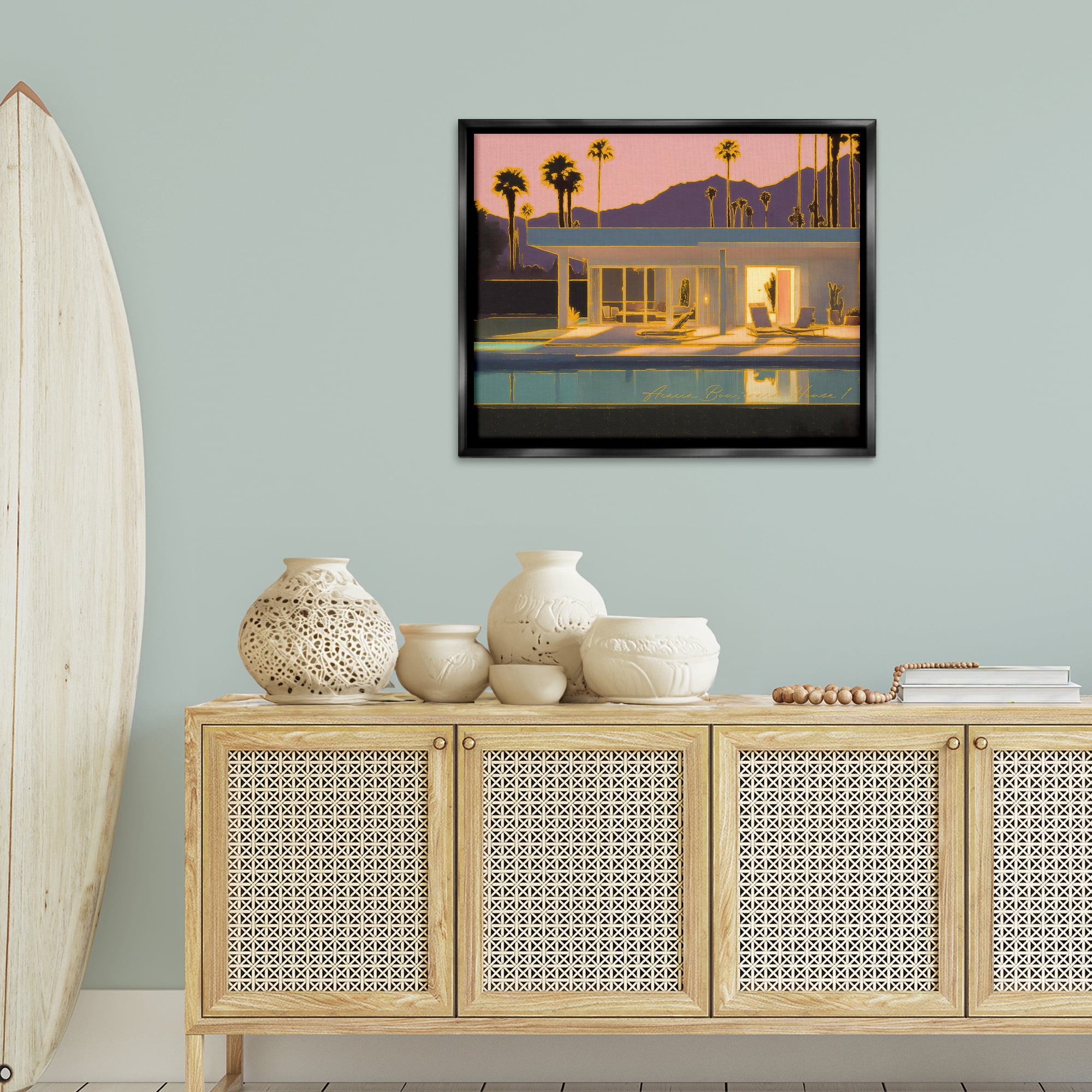 Stupell Industries Sunset Glow Summer Pool Landscape & Nature Painting Black Floater Framed Canvas Art Print Wall Art, 31 x 25