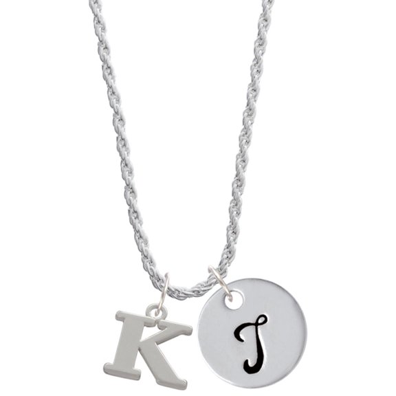 Delight Jewelry Silvertone Large Initial - K - Silvertone Script Initial Disc - T - Charm Necklace, 20"+3"