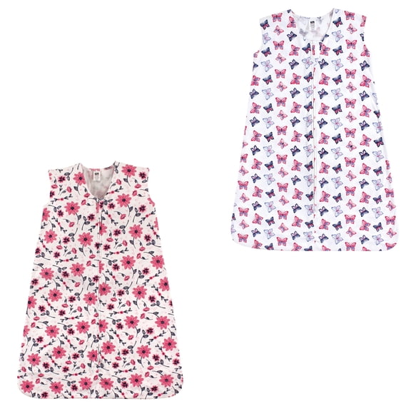 Hudson Baby Unisex Baby Cotton Sleeveless Wearable Sleeping Bag, Sack, Blanket, Pink Flowers And Butterflies 2-Pack, 12-18 Months