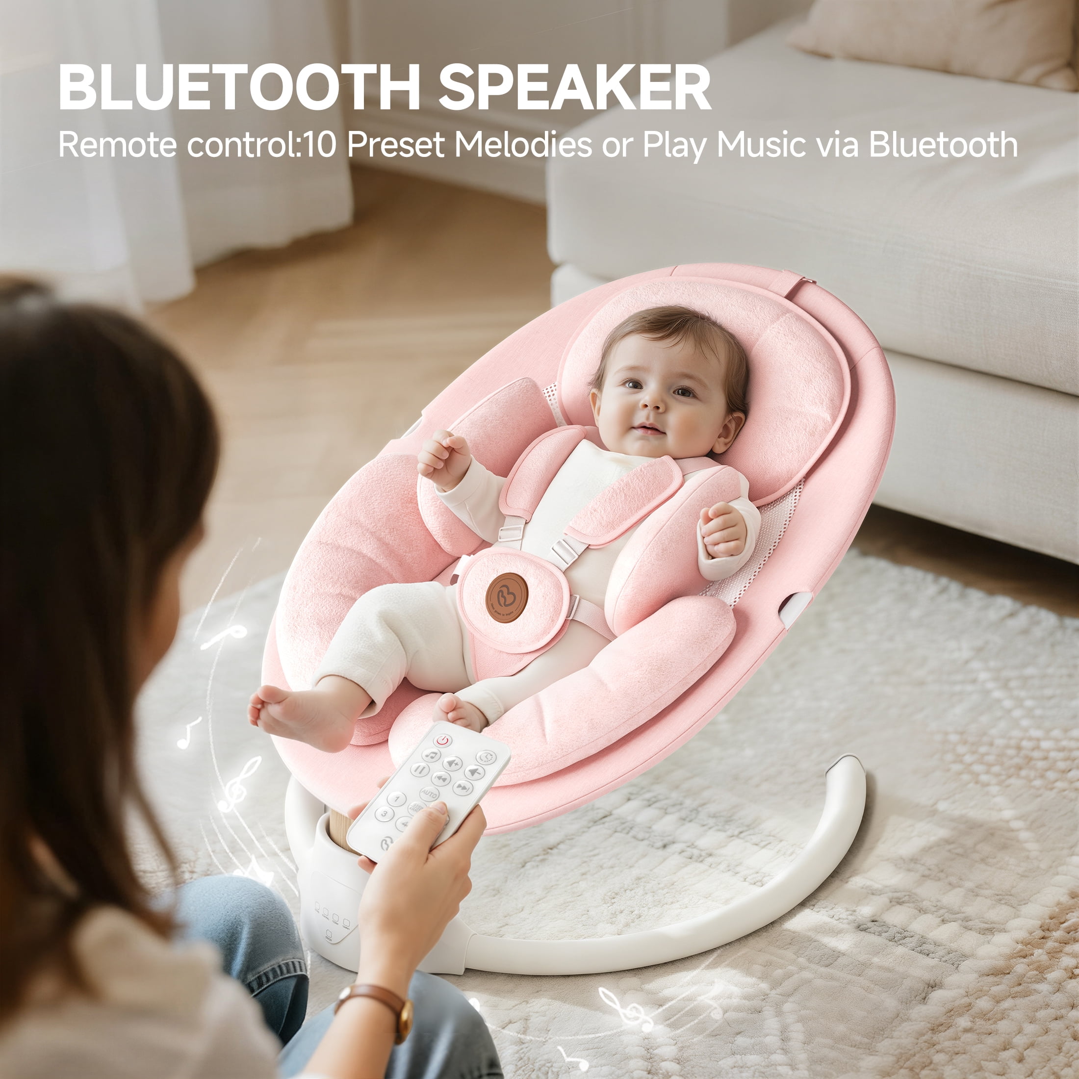 Babyomi portable baby swings for infants to toddler, Electric Swing with Music Speaker, 3 Seat Positions , 5 Speeds, and Remote Control - Infant Swing for Indoor and Outdoor, Pink