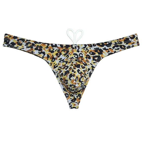 Botmois Swim Thong Men's Underwear Male Bikini Brief Drawstring Lined Swimwear Enhancing Pouch Beach Swimsuit Quick-dry Leopard Sunbathing OrangeLeopard M