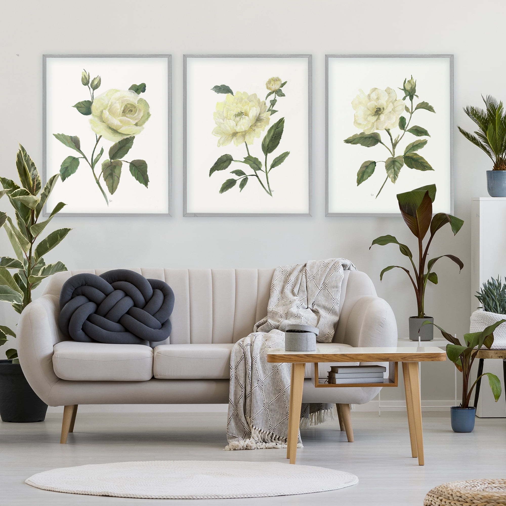 Stupell Industries Ivory Budding Garden Flowers 3 Piece Gray Framed Giclee Art Set, design by Nan