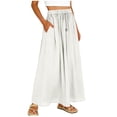 thumbnail image 2 of Caywon Women's Maxi Skirt, Drawstring Elastic Waist A-Line Long Skirt, Crinkle Texture Solid Color Cotton Linen Blend Skirt for Vacation, Beach and Casual Wear, 2 of 5