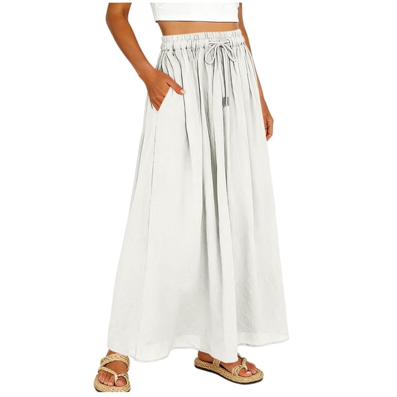 Amkhujs Long Skirts for Women Soft Loose Elastic Waist Linen Skirt with Drawstring Trendy Elegant Flowy Skirt for Casual Wear,White,XL
