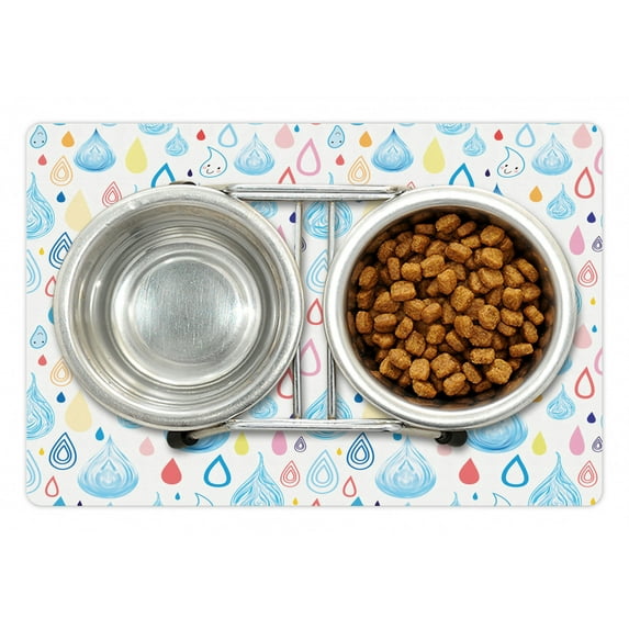 Rain Pet Mat for Food and Water, Various Large and Small Heavy Rain Drops Fluid Squall Fall Season Graphic Art Print, Non-Slip Rubber Mat for Dogs and Cats, 18" X 12", by Ambesonne