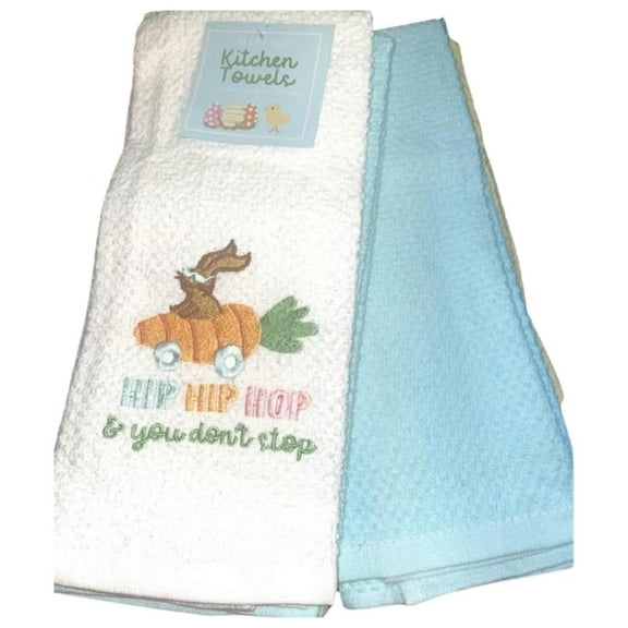 Easter Dish Towels Set of 2 Towel Tea Embroidered Hip Hip Hop & You Don't Stop and Blue Color Spring Kitchen Towels Bunny Decorative Towels Kitchen Happy Easter