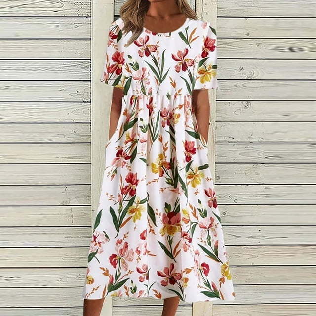 AMERTEER Robes Midi pour Femmes Été Décontractées Amples Bohèmes à Imprimé Floral Col Ras du Cou Manches Courtes Longueur Genou Robe Froncée avec Poches