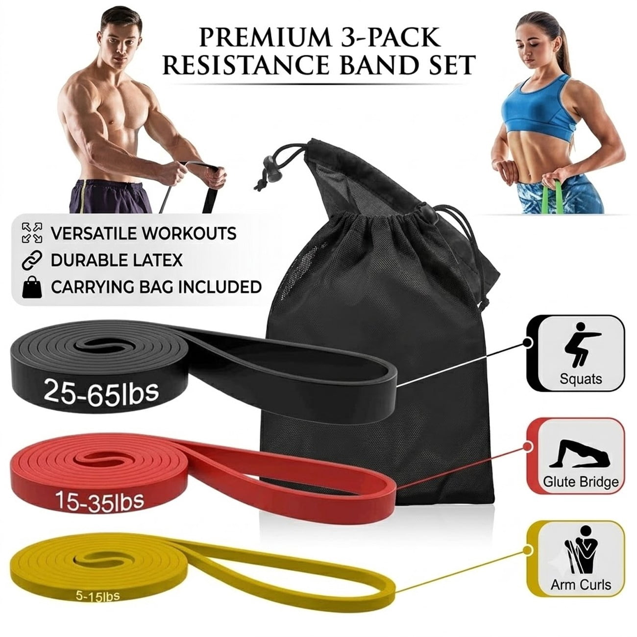 Set of 3 Heavy Duty Resistance Band Loop Exercise Yoga Workout Power Gym Fitness