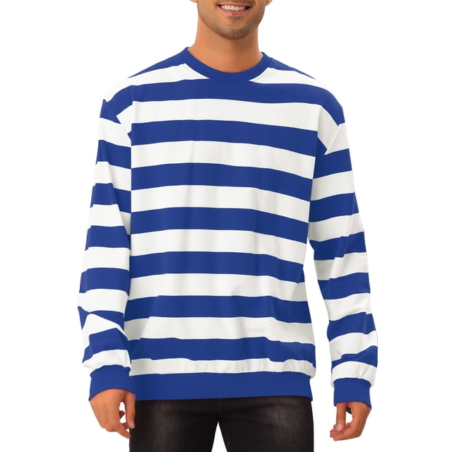 INSPIRE CHIC Chandails en Molleton pour Hommes Rayures Contrastées Col Rond Manches Longues Coupe Régulière Chandail Bleu Blanc