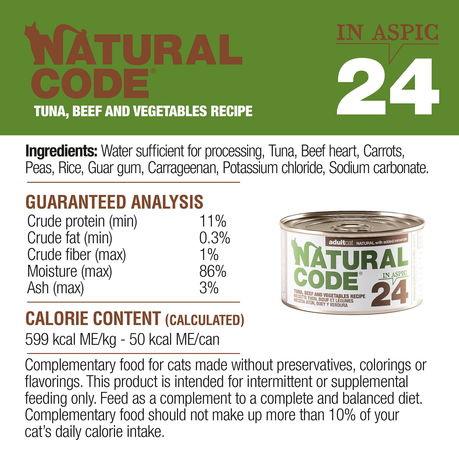 Natural Code - Wet Cat Food, Limited Ingredient Cat Food, High-Protein, Non-GMO, No Artificial Additives, Made In Italy, Tuna, Beef & Vegetables in Aspic for Adult Cats (3 oz, 24 Pack)