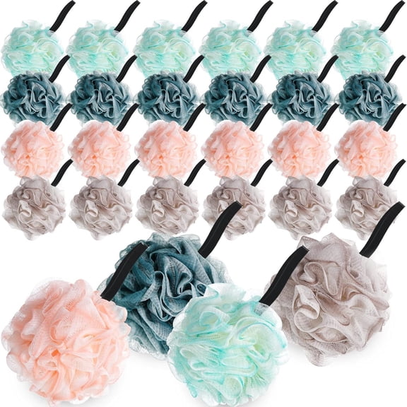 24Pcs Bath Sponge Set - 4 Colors Soft Net Body Scrubber Sponge Ball, Shower Pouf, Bath Scrunchies, Loofah - Body Shower Bulk Pack