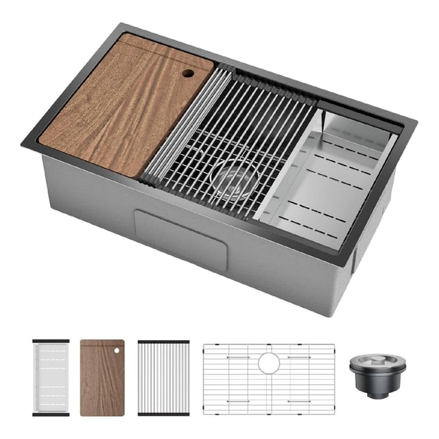 32 x 19 Inch 16 Gauge Stainless Steel Single Bowl Moderno Top Mount Undermount Kitchen Sink con Cutting Board para Bar (Black Faucet Not Included)