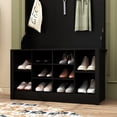 thumbnail image 6 of Homsee Modern Hall Tree with Storage Bench, 4-in-1 Entryway Bench with Coat Rack, Tall Hall Tree with 7 Metal Hooks, Shelves & 10 Cubes for Hallway, Living Room, Black (39.4”L x 15.7”W x 68.5”H), 6 of 14
