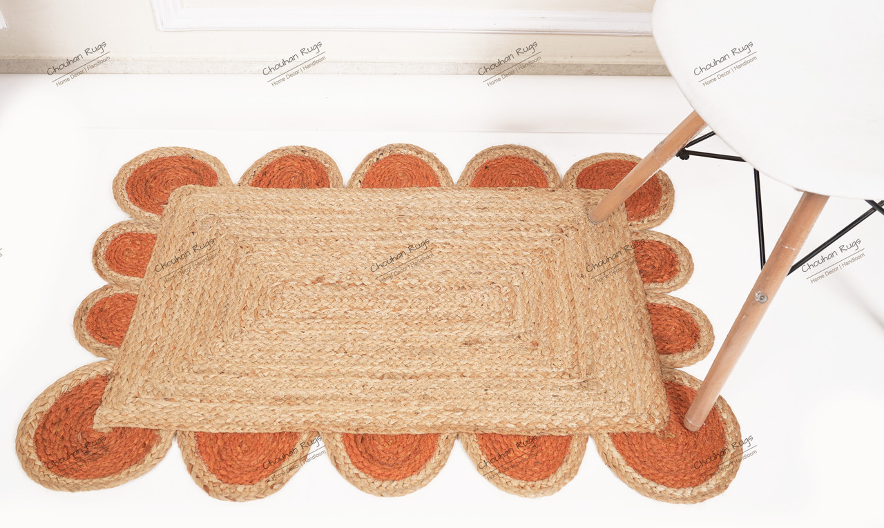 Area Rug Natural Fiber Jute Hand Braided Rug Orange Scalloped Pattern Rug
