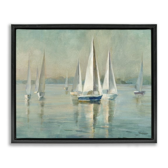 Stupell Industries Sailboats at Sunrise Nautical & Beach Painting Black Floater Framed Canvas Art Print Wall Art, 21 x 17