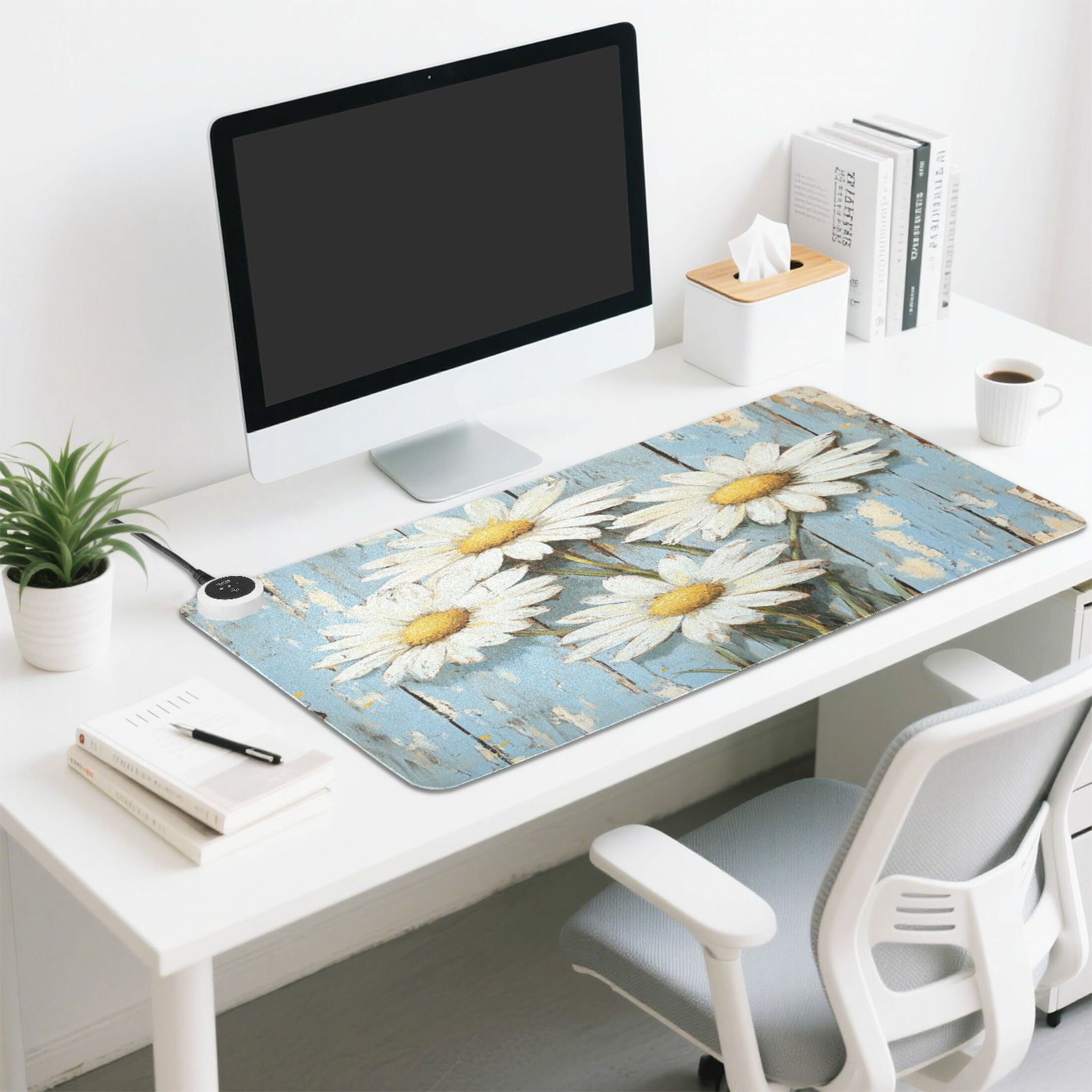 Wobogo Elegant Daisy Heated Mouse Pad Extra-Large Desk Mat With 3 Heating Levels and 3-hour Auto Shut-Off Protection Ideal for Computer Keyboards Home Office Hand-warming Essential 31.5in × 13in