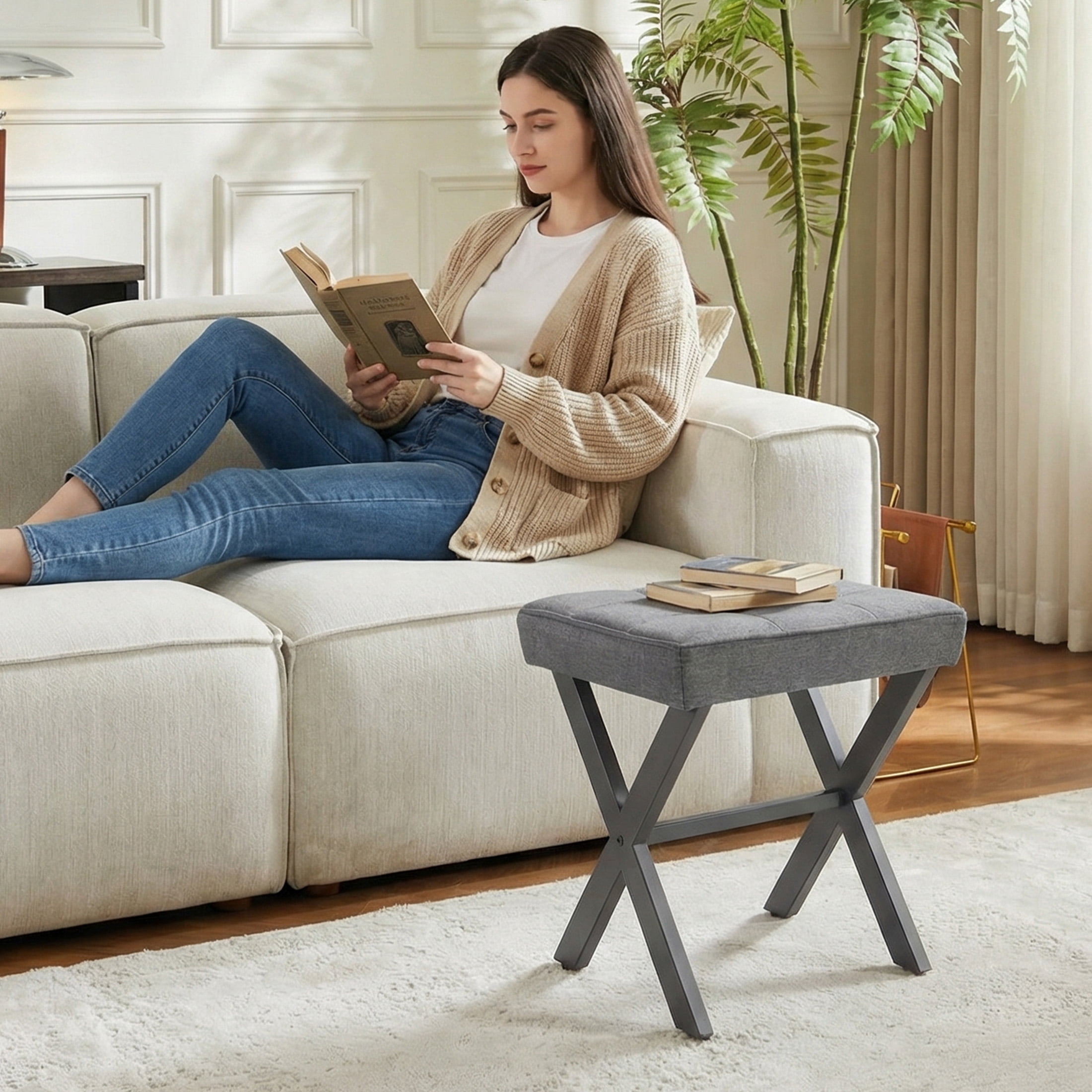 EDX Vanity Stool, Square Linen Makeup Stool with Metal X Legs, Small Ottoman Stool Chair for Vanity, Modern Padded Vanity Seat Foot Rest Stool for Makeup Room, Living Room, Bathroom, Carbon Gray