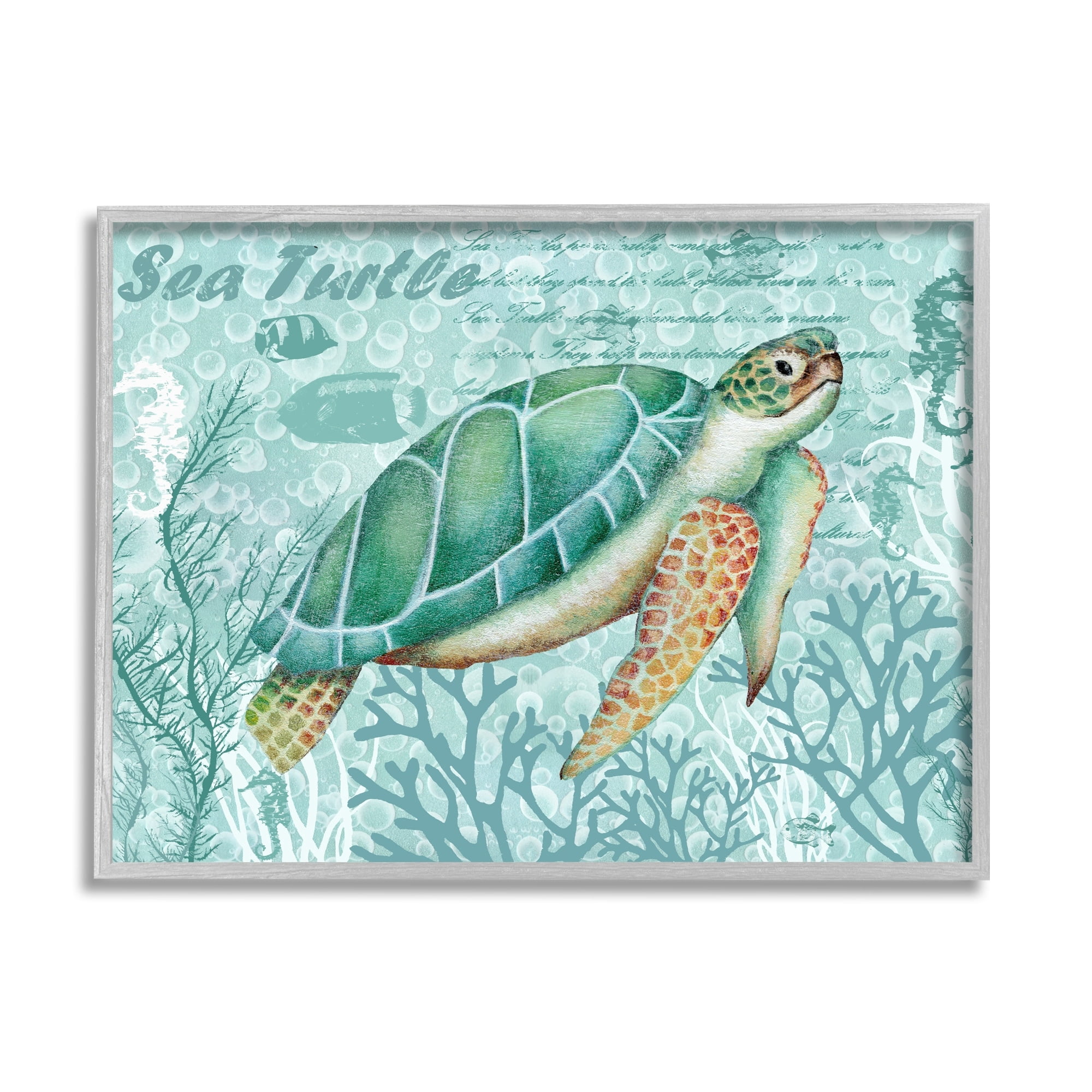 Stupell Industries Coral Bordered Sea Turtle Seahorse Script Calligraphy Graphic Art Gray Framed Art Print Wall Art, Design by Emma Leach