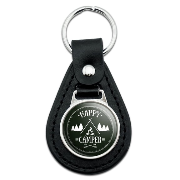 Happy Camper with Campfire Black Leather Keychain