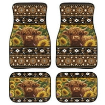 Renewold Automotive Car Floor Mat for Sedans SUV Truck, Auto Floor Mats 4 PCS Universal Fit Auto Interior Accessories Car Interior Decor, American Tribal Brown Highland Cow Sunflower