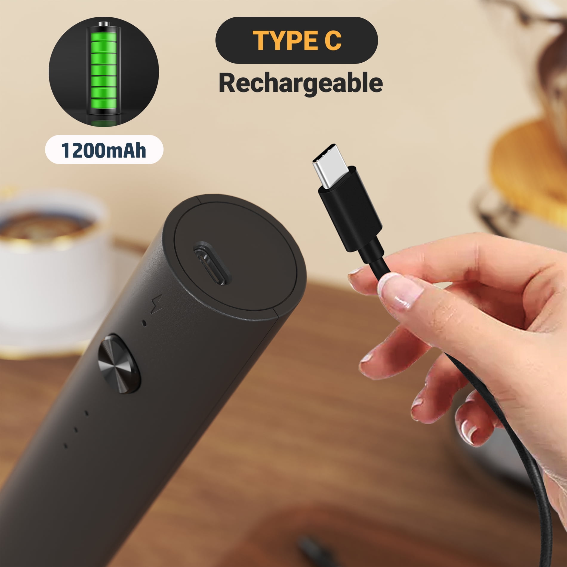 Milk Frother Handheld, Type C Rechargeable Electric Whisk Coffee Frother Mixer for Coffee, 3 mixing Speeds Mini Milk Foamer Drink Mixer with 2 Whisks for Coffee Matcha Frappe Latte Cappuccino