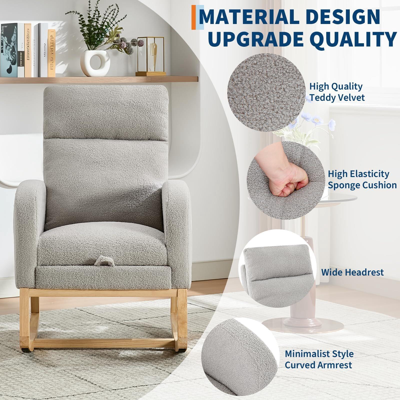 Modern Nursery Rocking Chair, Teddy Upholstered Rocking Chair with Footrest, Rocker Glider for Living Room, Bedroom, Nursing Room，Grey