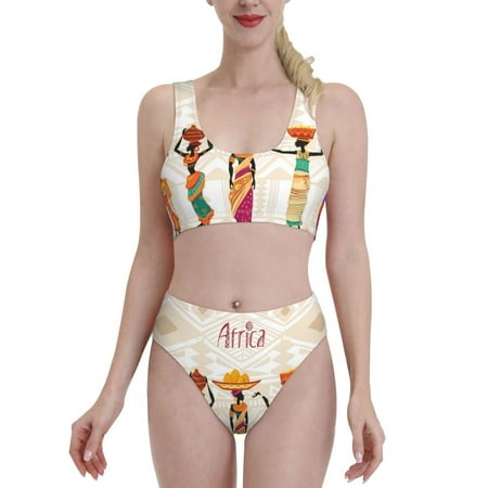 Bixox Black Woman In Ethnic Dress Pattern Two-Piece Sports Bikini with U-Shaped Top and High-Waist Bottom - Women s Swimwear with Removable Bra Pads