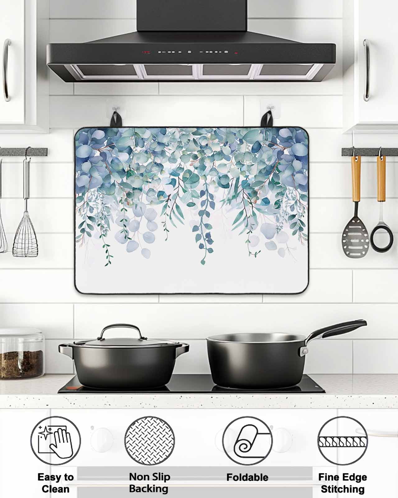 Stove Top Covers for Electric Stove, Teal Blue Eucalyptus Leaves Glass Stovetop Cover Protector, Spring Floral Summer Botanical Induction Cooktop Protector Oven Mat for Kitchen Countertop 28.5"x20.5"