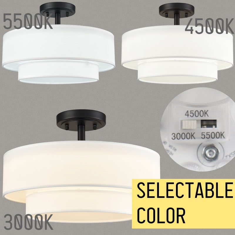Claxy Black Semi Flush Mount LED Ceiling Light with Dual Drum Fabric Shade