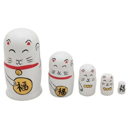 

Five-layer Matryoshka Dolls Plutus Cat Ornaments Wooden Crafts Gift Russian Nesting Dolls for Kids Girls White