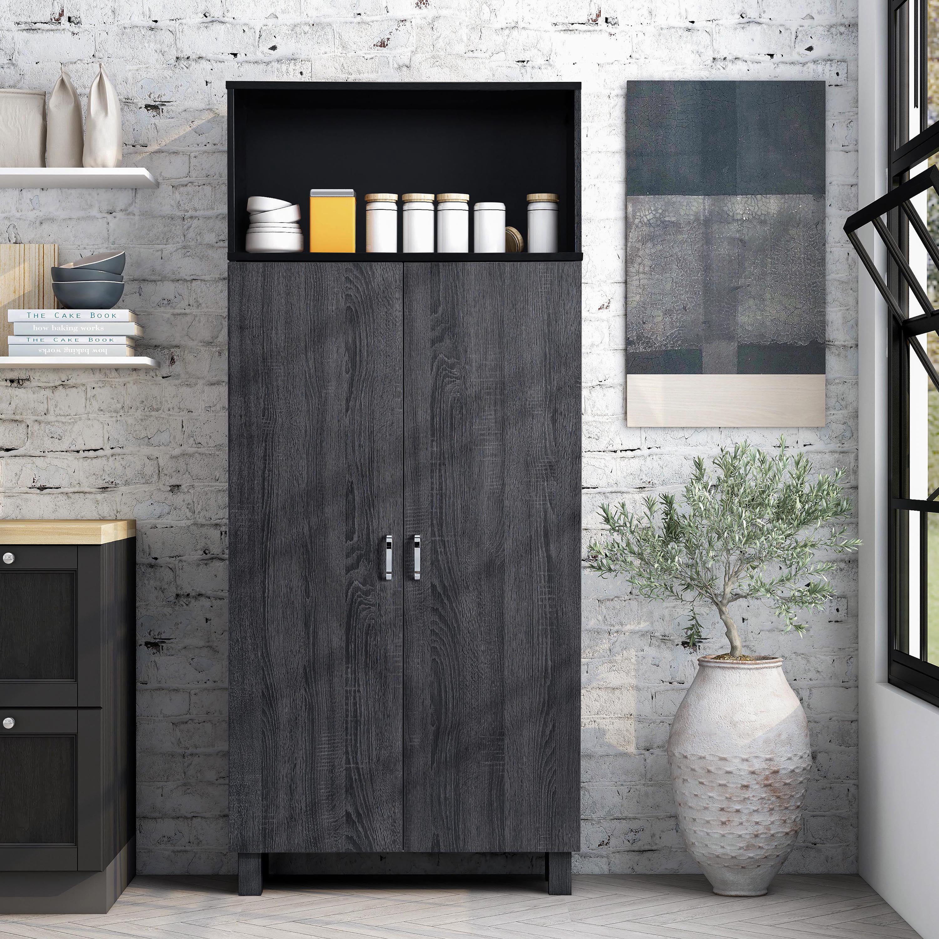 Furniture of America Audie Wood 5-Shelf Pantry Cabinet, Gray and Black