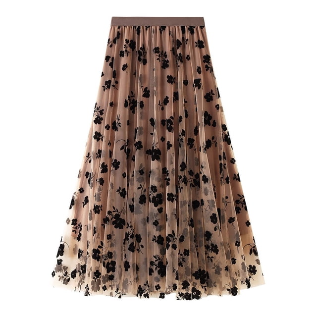 Falda de tul para mujer, elegante, vintage, con flores, corte A, falda midi con vuelo