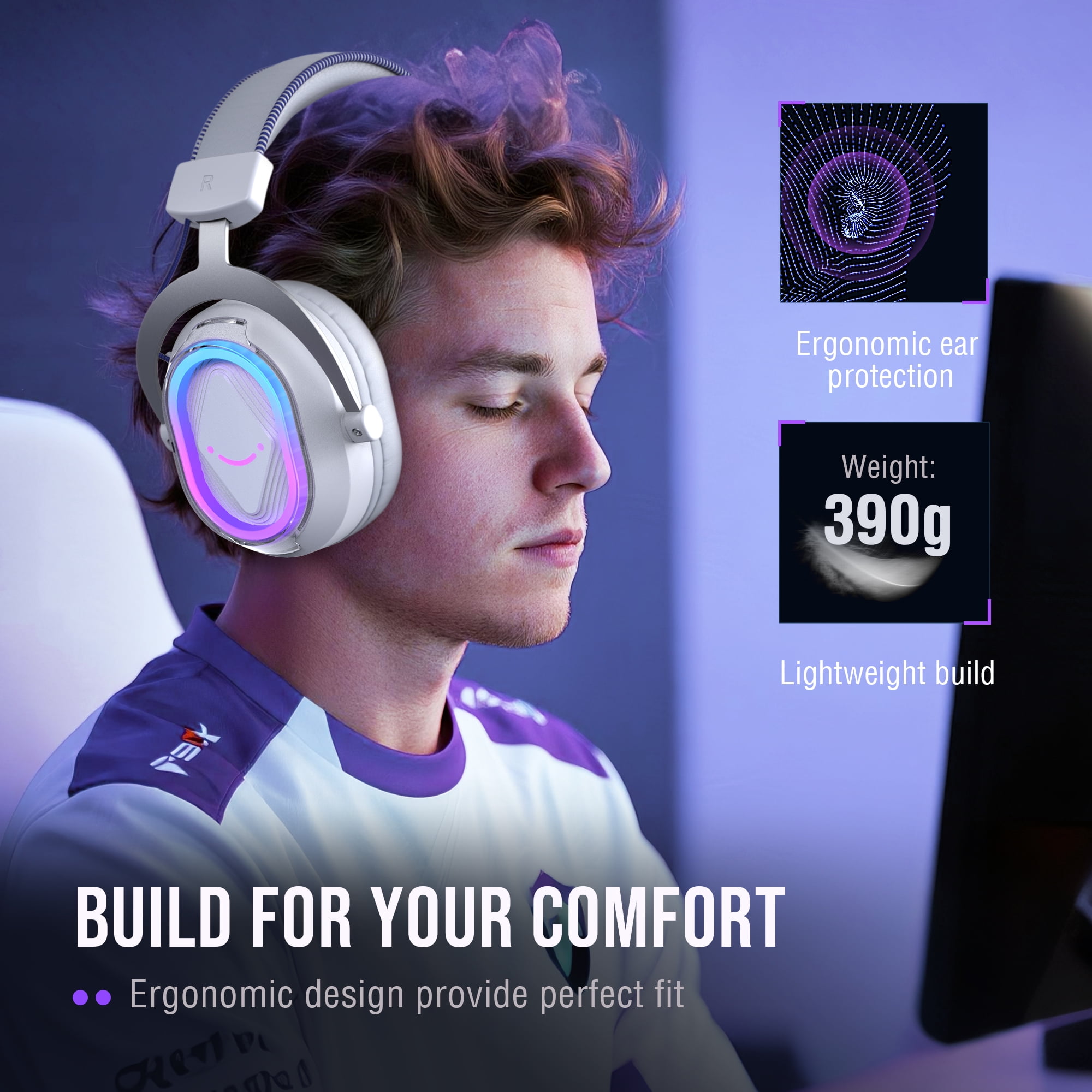 FIFINE Wired Gaming Headset with Noise Canceling Mic, USB Gamer Headphone for PC Computer, PS5/PS4 with RGB Control, 7.1 Sound, Chat/Game Balance, White H13