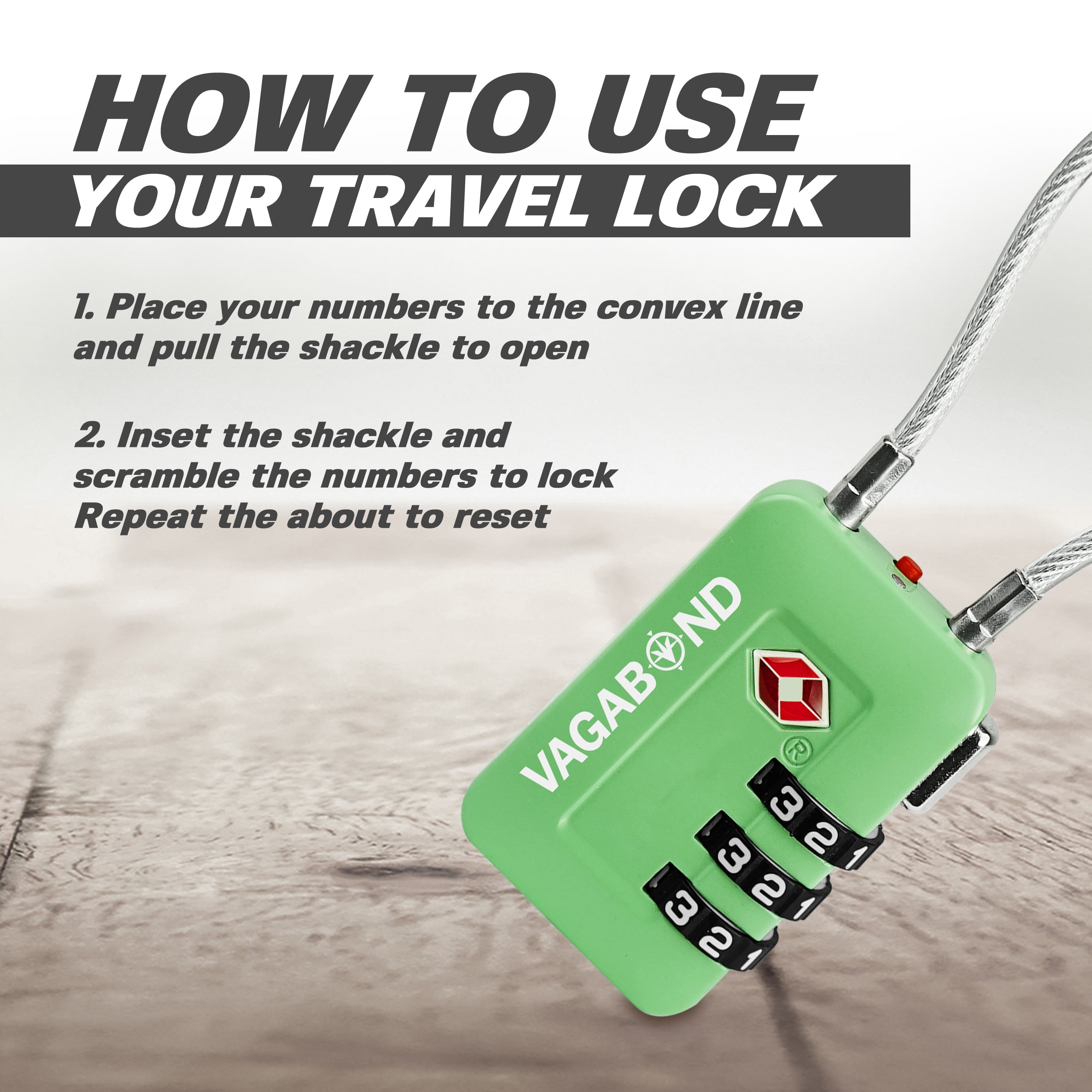 VAGABOND TSA Accepted Luggage Travel Lock 3 Digit Combination Keyless Resettable Suitcase Steel Cable Lock with Zinc Alloy Body Green 2 Pack