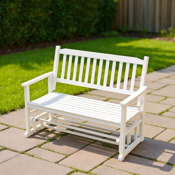 Resenkos 2 Seats Outdoor Glider Bench with Armrests and Slatted Seat, Lounge Chair Outdoor with Weather Resistant Steel Frame for Porch Garden Outside, White