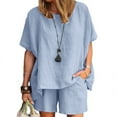 thumbnail image 3 of REORIAFEE Going out Outfits for Women Cute Summer Outfits Women Casual Summer Round Neck Short Sleeve Tops Shorts Two Pieces Set Suit Light Blue M, 3 of 6