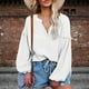 thumbnail image 2 of Camisa informal holgada con puños de farol y diseño de botonadura sencilla - Blusa de algodón blanca, talla M Blusa con cuello en V y mangas globo, 2 of 6